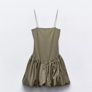 Zara Ribbed Poplin Olive Green Dress